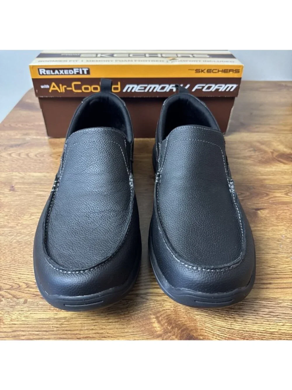 Skechers Harper Forde Black Leather Extra Wide Fit Slip-On Shoes Men's 10.5 EWW